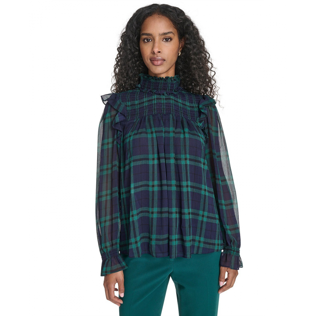 'Plaid Peasant Mock Neck Top' pour Femmes