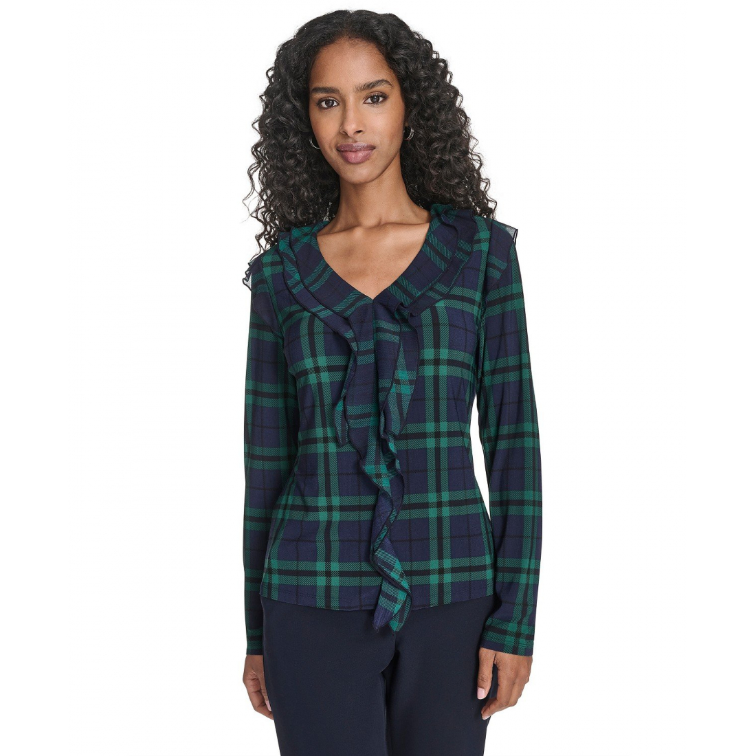 'Long Sleeve Plaid Mixed Media Ruffle Top' pour Femmes