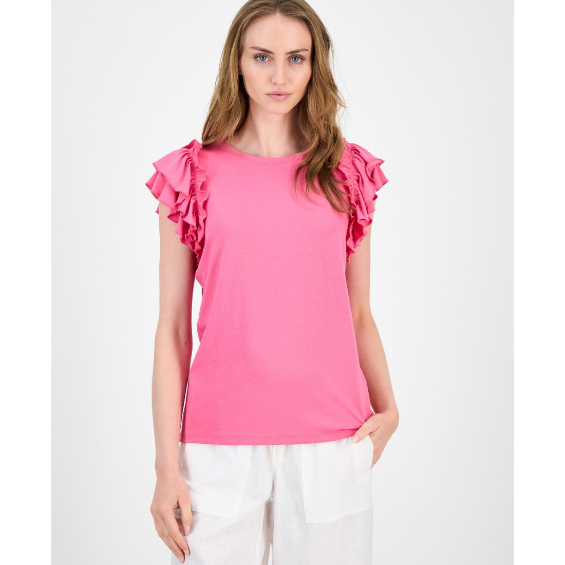 'Ruffled Cap-Sleeve Knit Top' pour Femmes