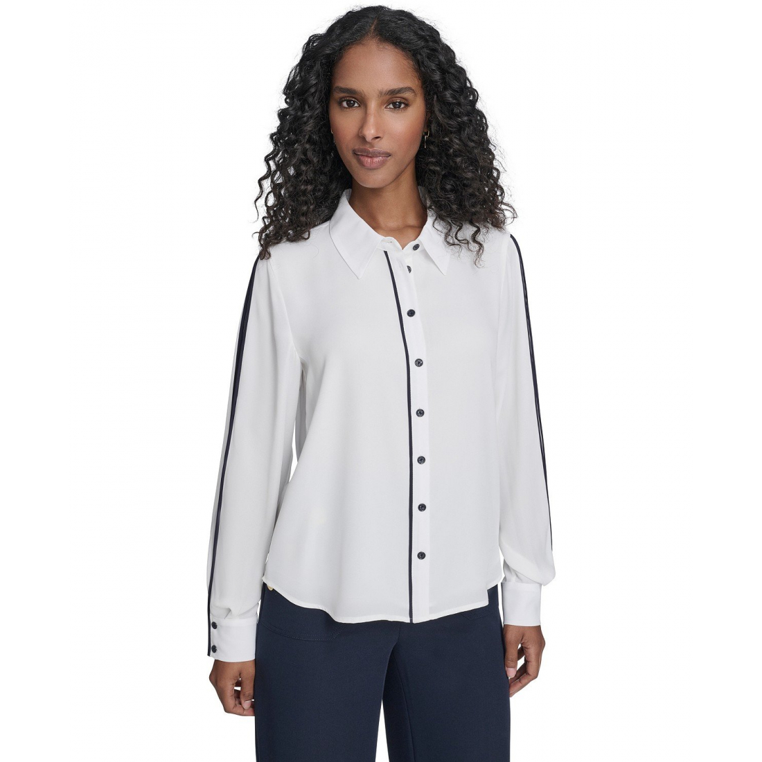 'Long Sleeve Contrast Trim Button-Up Blouse' pour Femmes