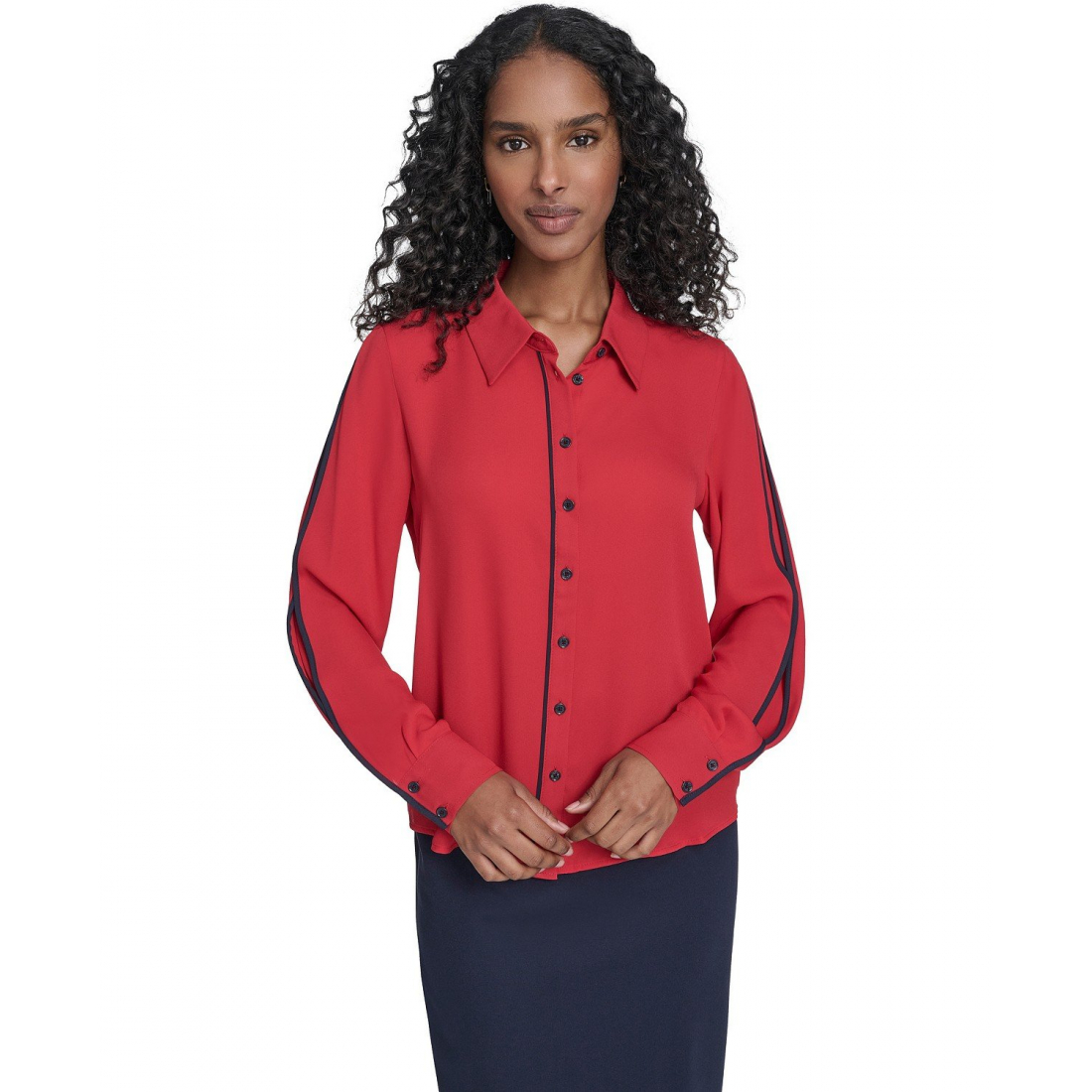 'Long Sleeve Contrast Trim Button-Up Blouse' pour Femmes
