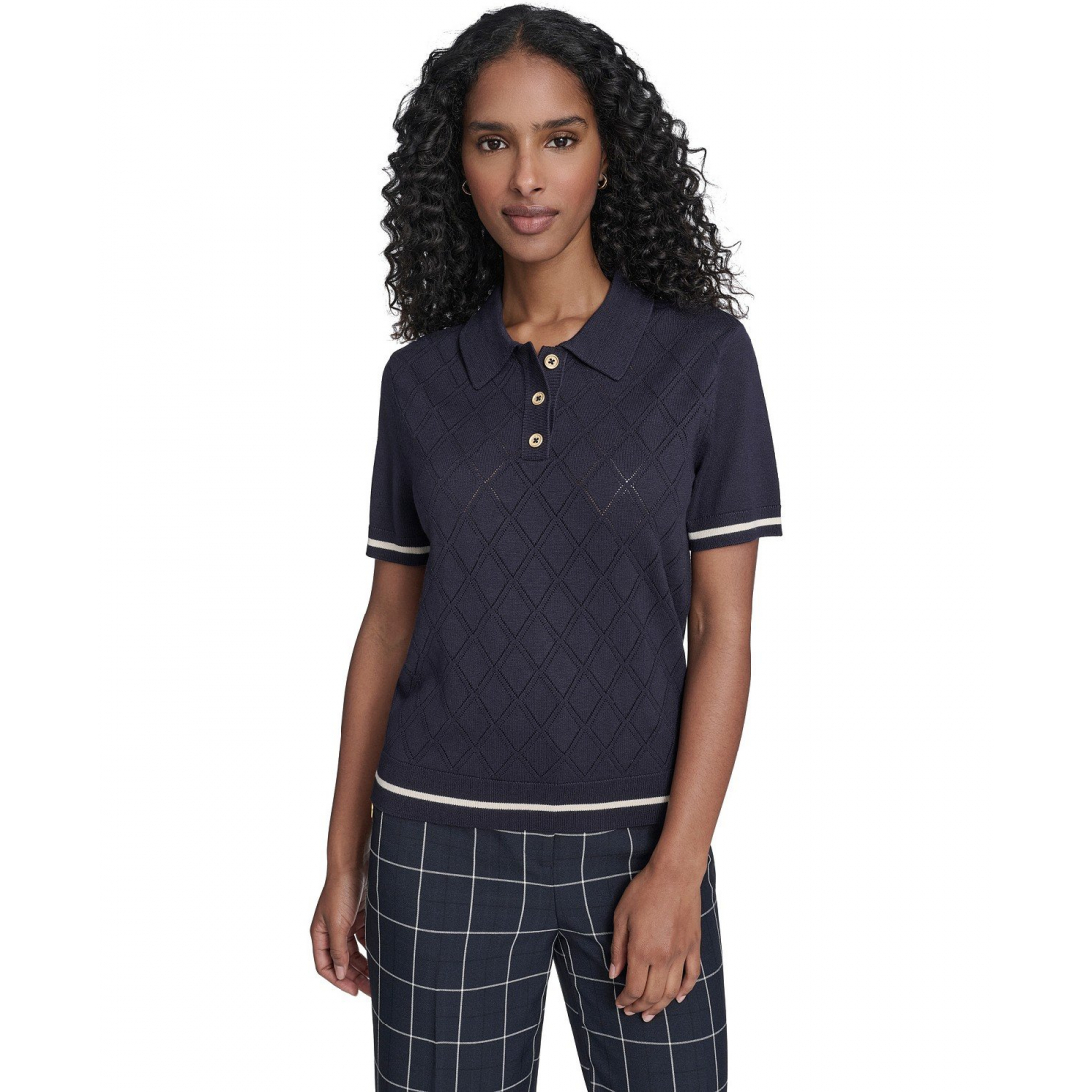 'Short Sleeve Pointelle Polo Sweater' pour Femmes