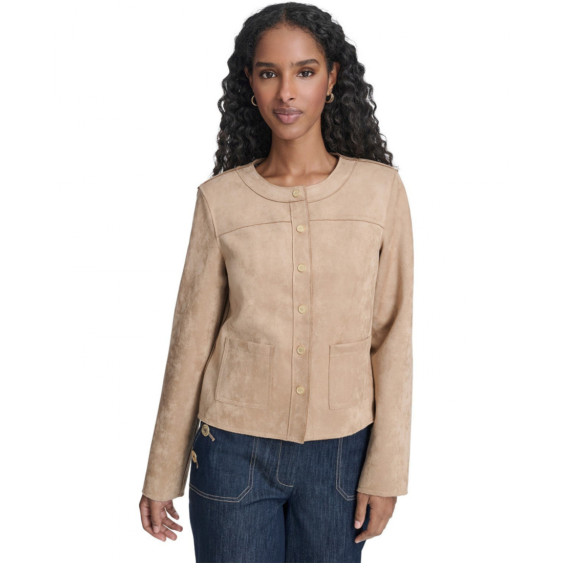 'Collarless Snap Front Jacket' pour Femmes