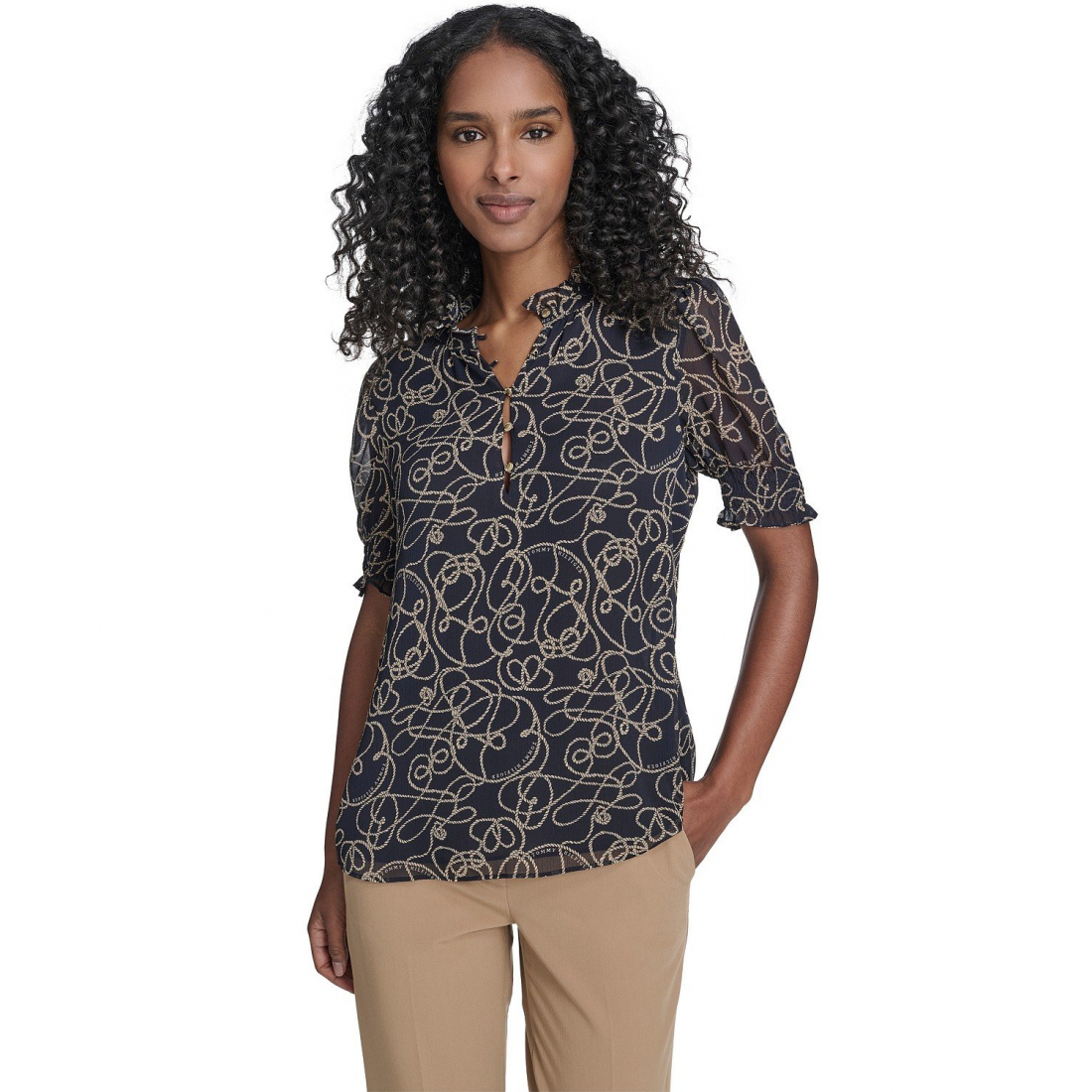 'Rope Print Ruffle Mock Neck Blouse' pour Femmes