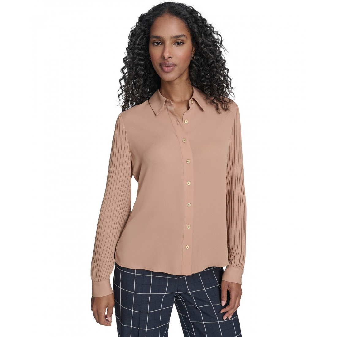 'Pleated Sleeve Button-Up Blouse' pour Femmes