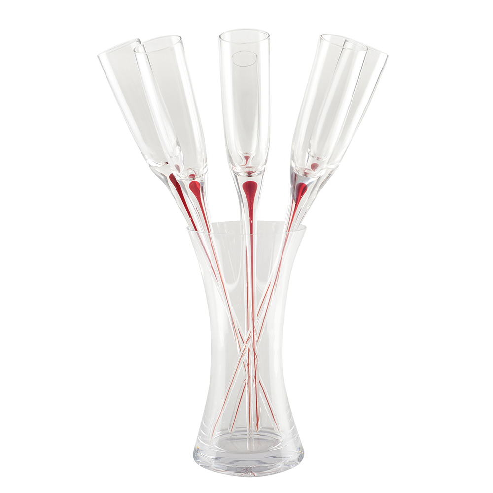 Red Stem Flutes With Stand - Set Of 6