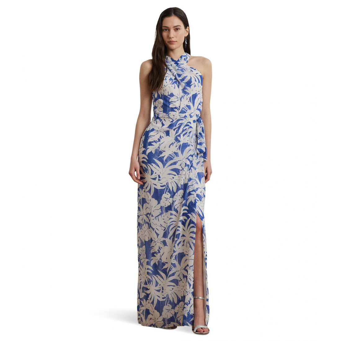 Women's 'Palm-Frond-Print Georgette Halter Gown'