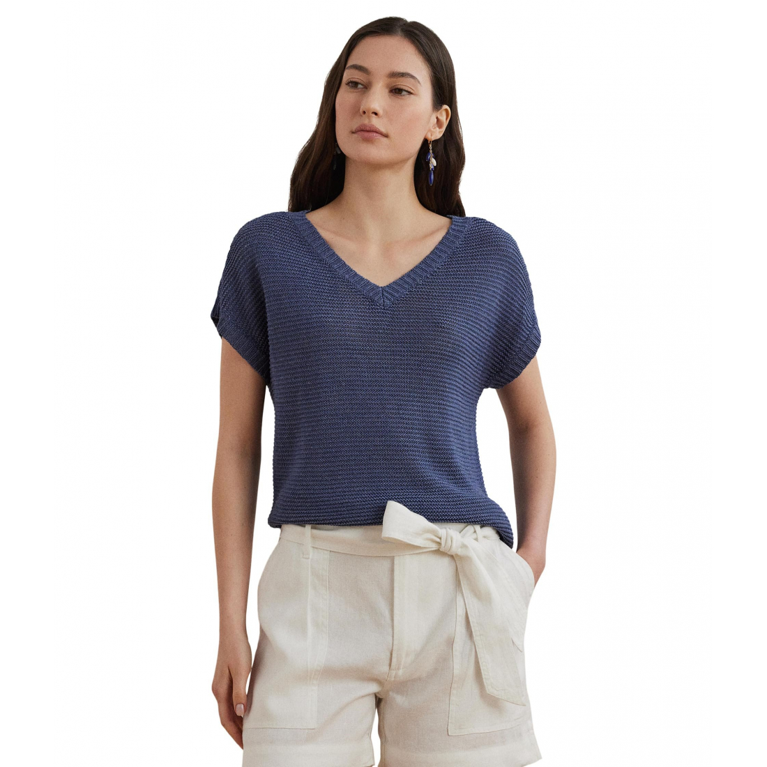 'Linen-Blend Short-Sleeve V-Neck Sweater' pour Femmes