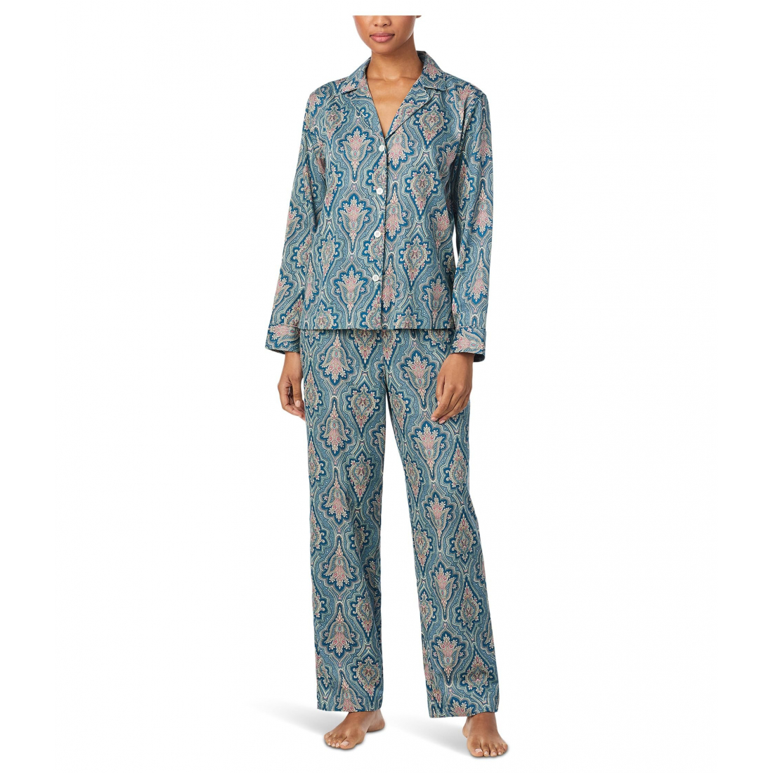 'Long Sleeve Notch Collar Sateen PJ Set' pour Femmes