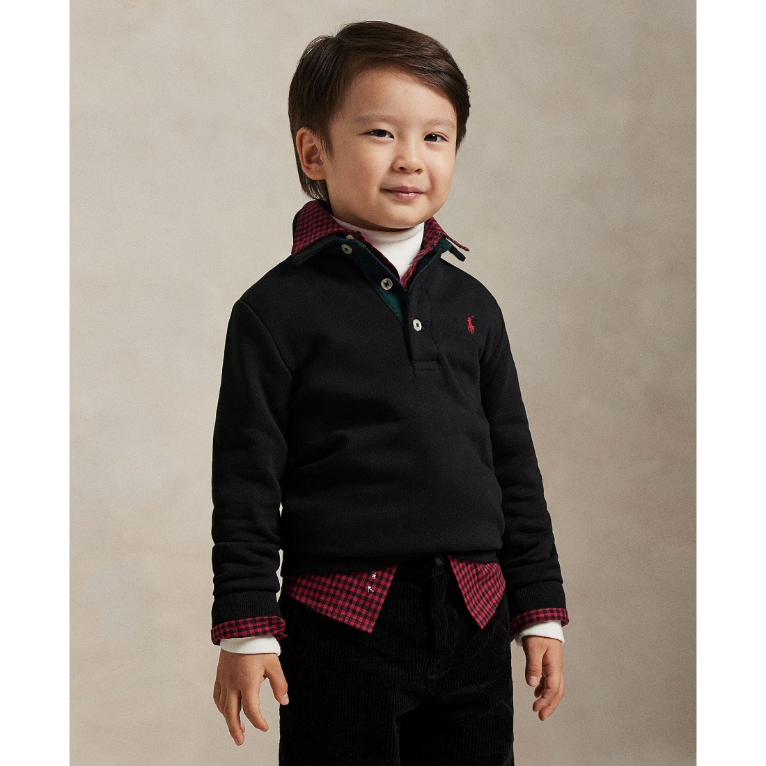 'Plaid-Trim Fleece Polo-Collar Sweatshirt' pour Garçons