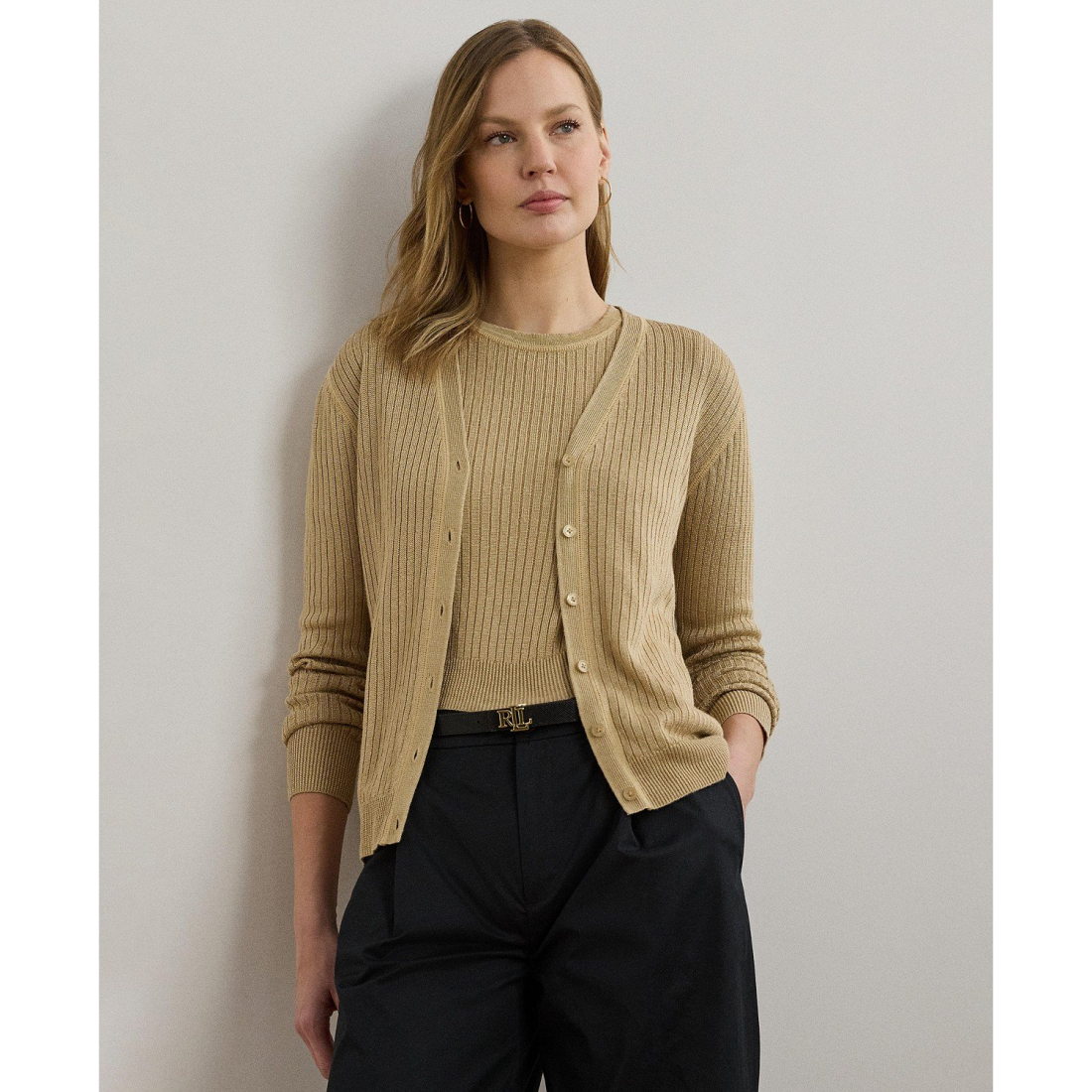 'Rib-Knit Linen-Blend V-Neck Cardigan' pour Femmes