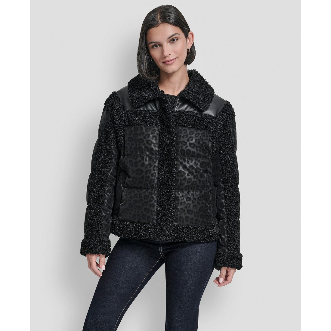 'Collared Mixed Media Cheetah' Pufferjacke für Damen