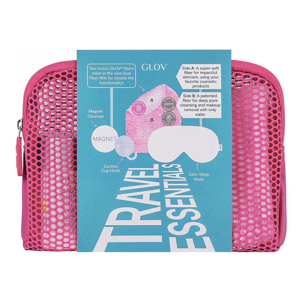 Travel Essentials Set | Dual Fiber Makeup Removing And Skincare Mitt With Satin Sleeping Mask And Magnet Brush & Fiber Cleanser