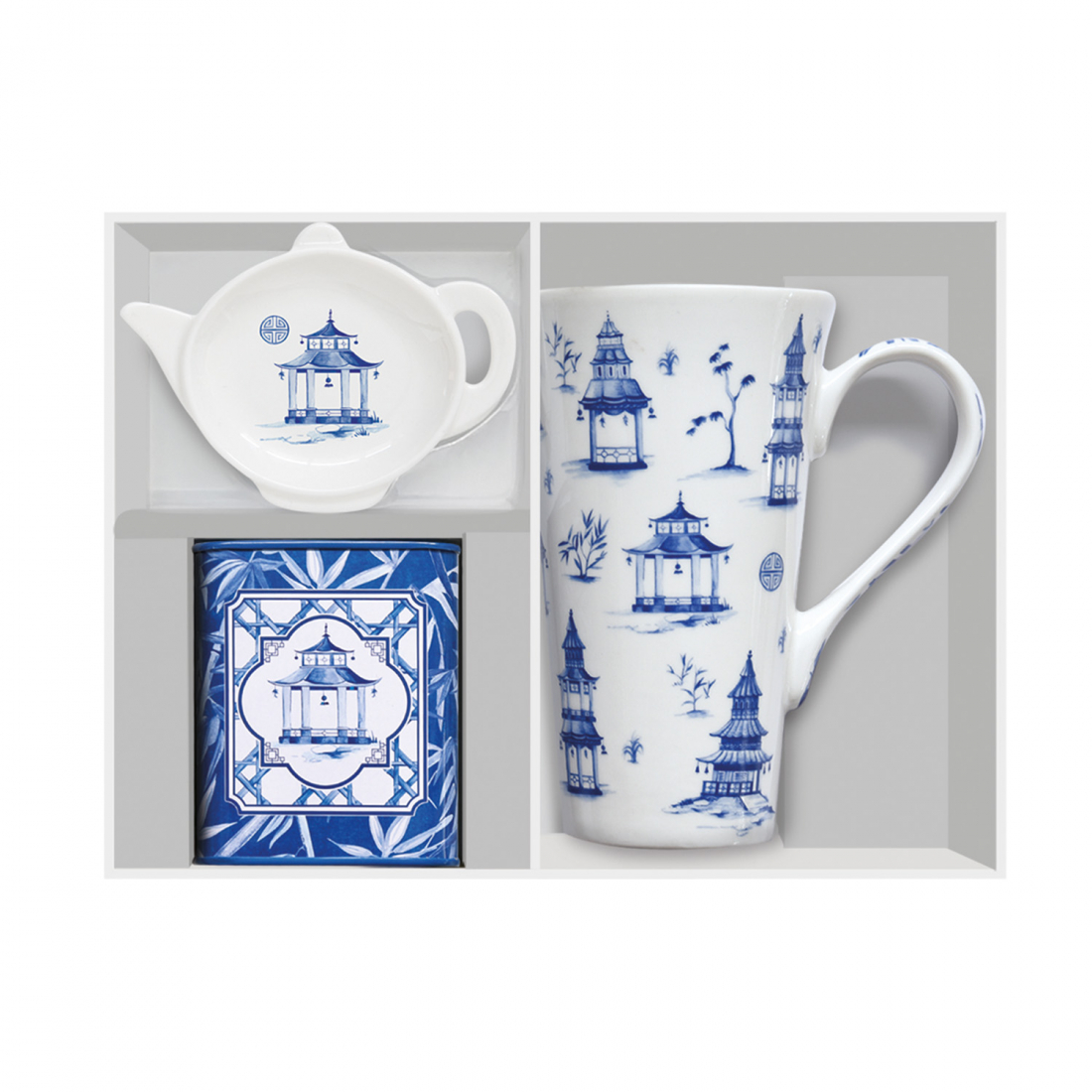 Porzellantasse Mit Teebeutelhalter Und Teedose In Farbiger Verpackung Pagoda – 600 ml – Metalldose 7,5 x 7,5 x 9 cm – Teebeutel