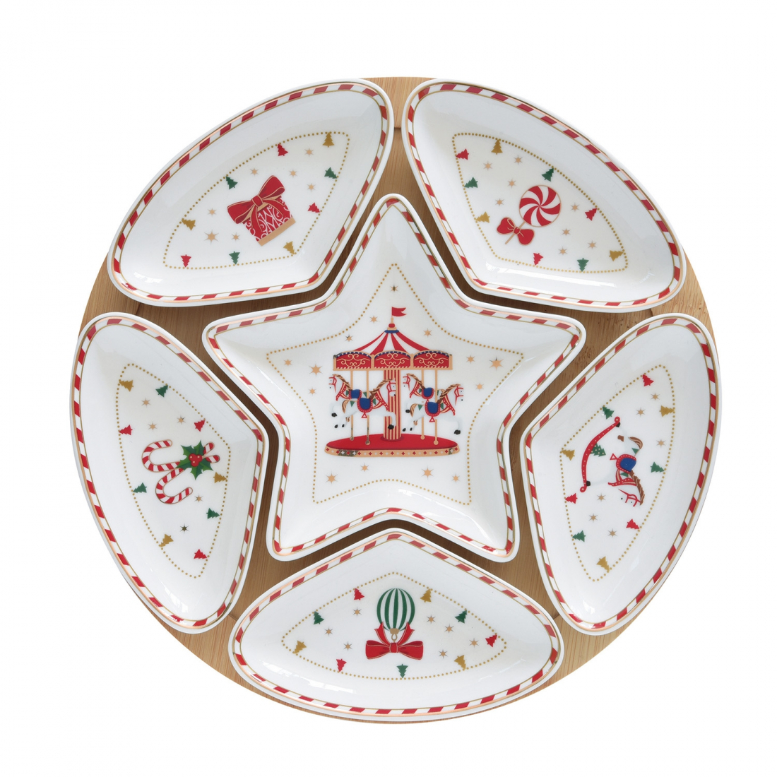 Service À Apéritif Ø 25 cm Avec 6 Coupes Et Socle En Bambou - Pays Des Merveilles De Noël