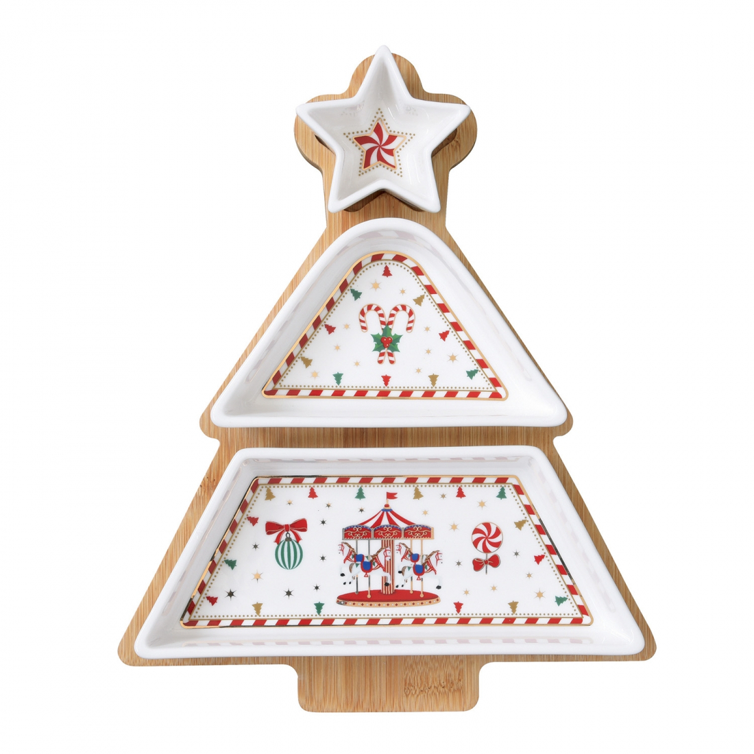 Service À Apéritif Avec 3 Bols Et Plateau En Bambou 21×25 cm Christmas Wonderland