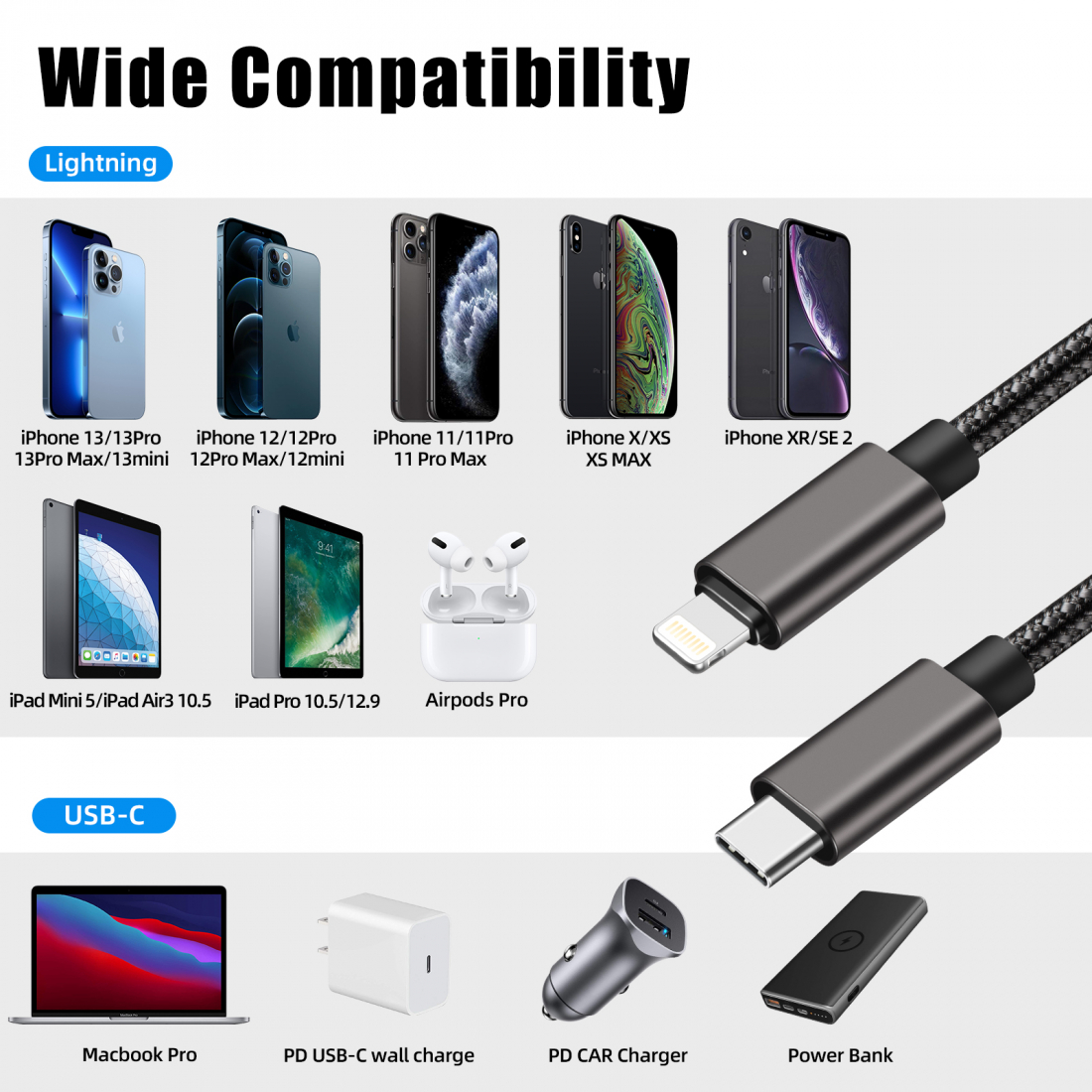 27W Reinforced Nylon USB-C to Lightning Cable - 2M Black