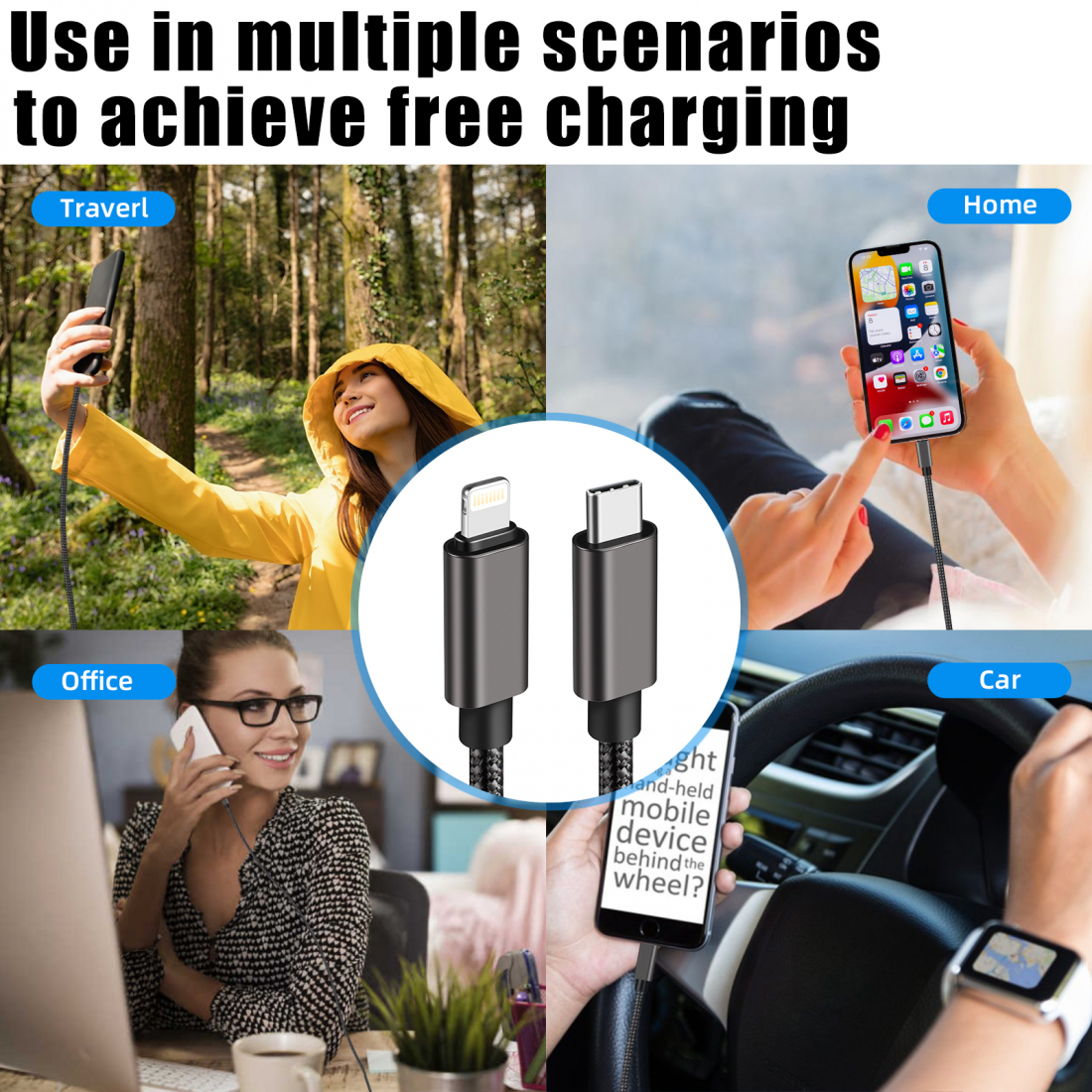 27W Reinforced Nylon USB-C to Lightning Cable - 2M Black