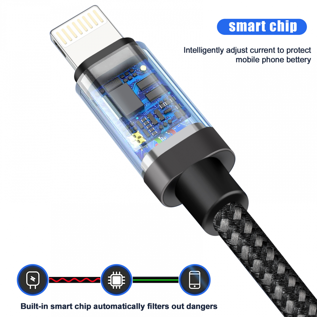 Pack of 3 USB-C to Lightning cables in reinforced nylon, 27W - 1M black