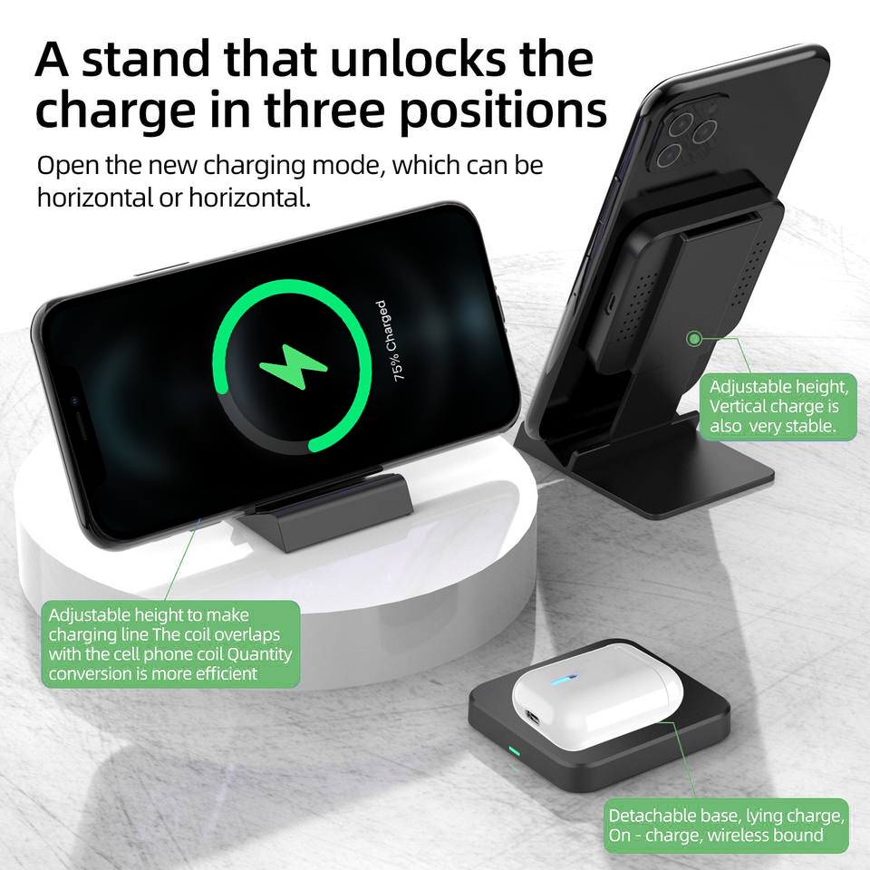 Support de charge sans fil Qi 2 en 1 détachable et flexible