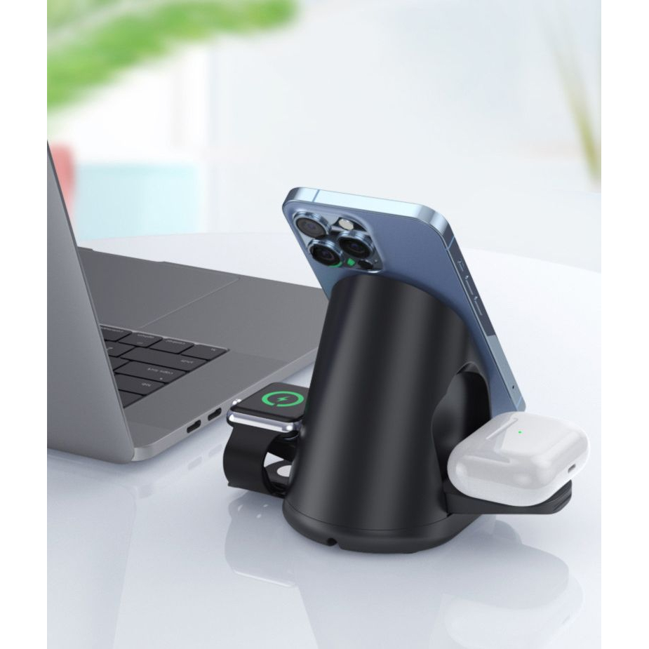 Wilress 3-in-1 Smart-Schnellladestation mit starker Magnetbefestigung auf faltbarem Sockel – Schwarz