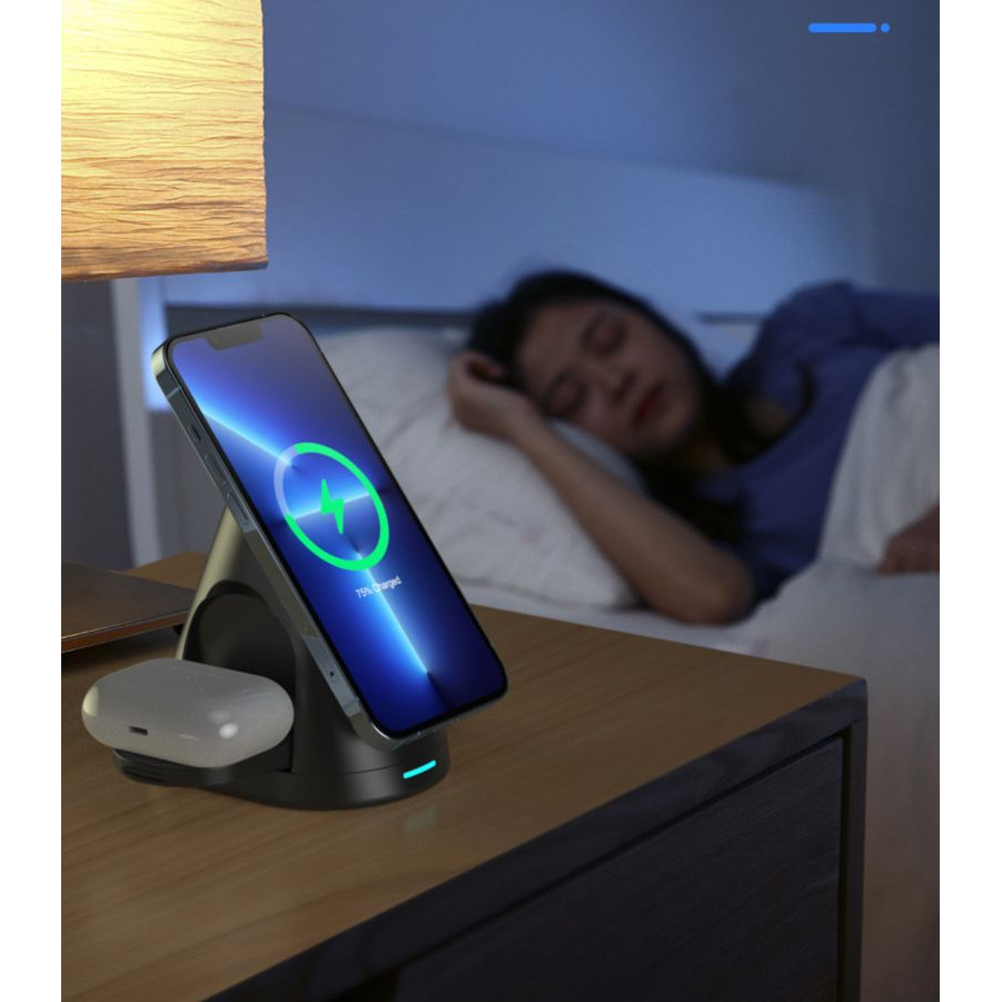 Wilress 3-in-1 Smart-Schnellladestation mit starker Magnetbefestigung auf faltbarem Sockel – Schwarz