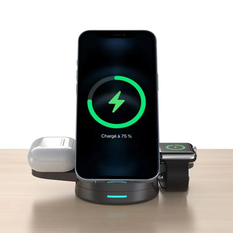 Wilress 3-in-1 Smart-Schnellladestation mit starker Magnetbefestigung auf faltbarem Sockel – Schwarz