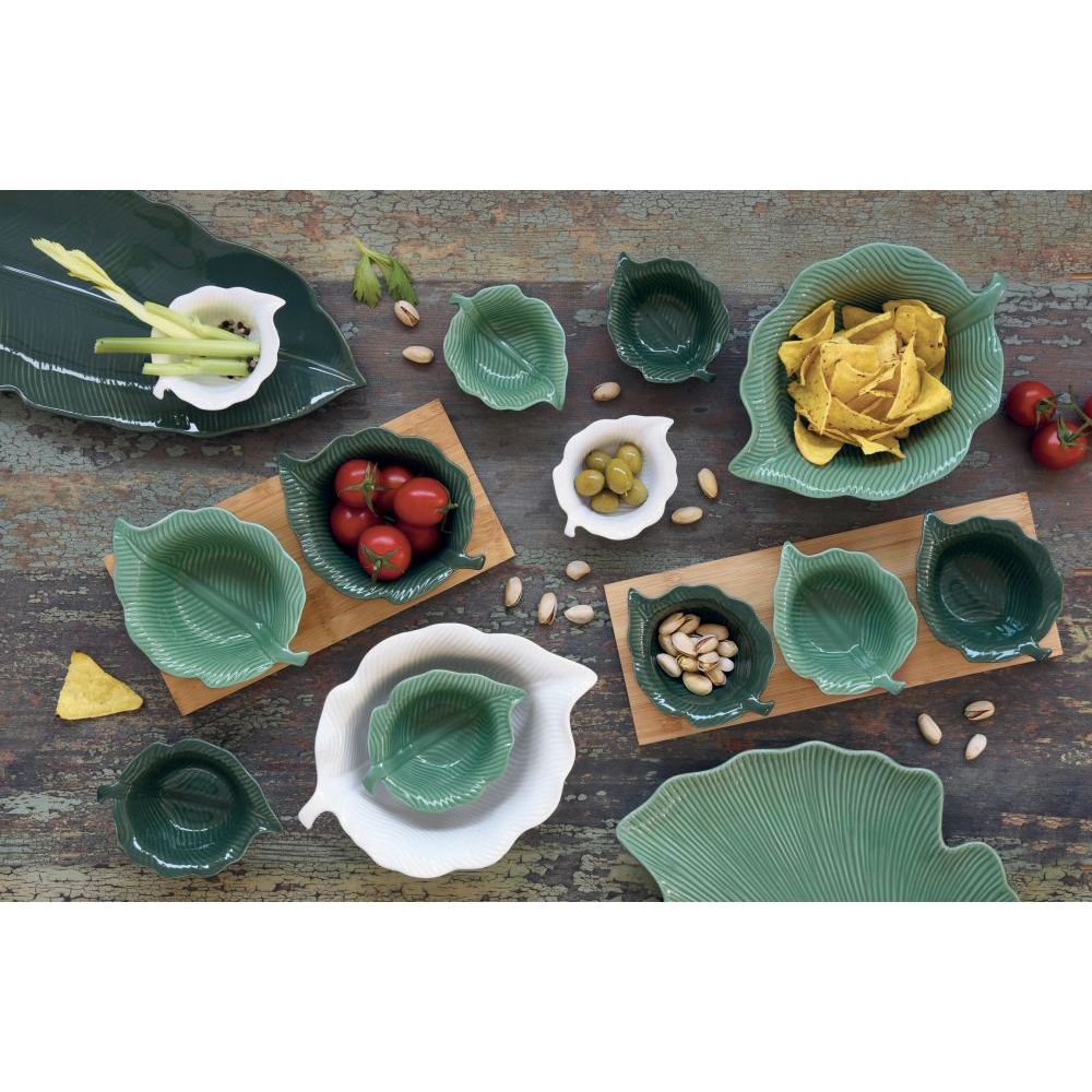 Ensemble De 4 Mini Bols En Porcelaine En Forme De Feuille, Dans Une Boîte De Couleur Vert Clair.