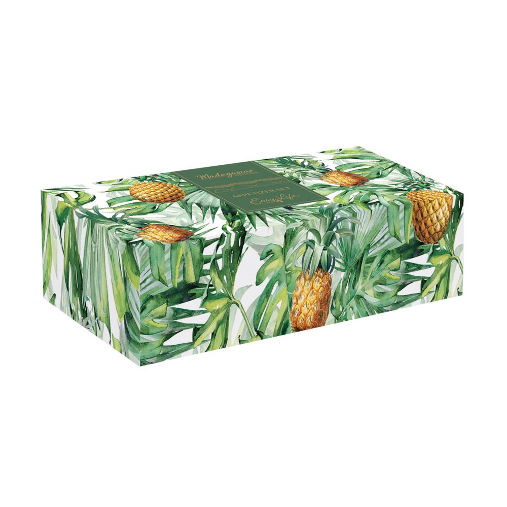 Aperitif Set With Bamboo Tray And 3 Pineapple-Shaped Porcelain Bowls In C.B. White