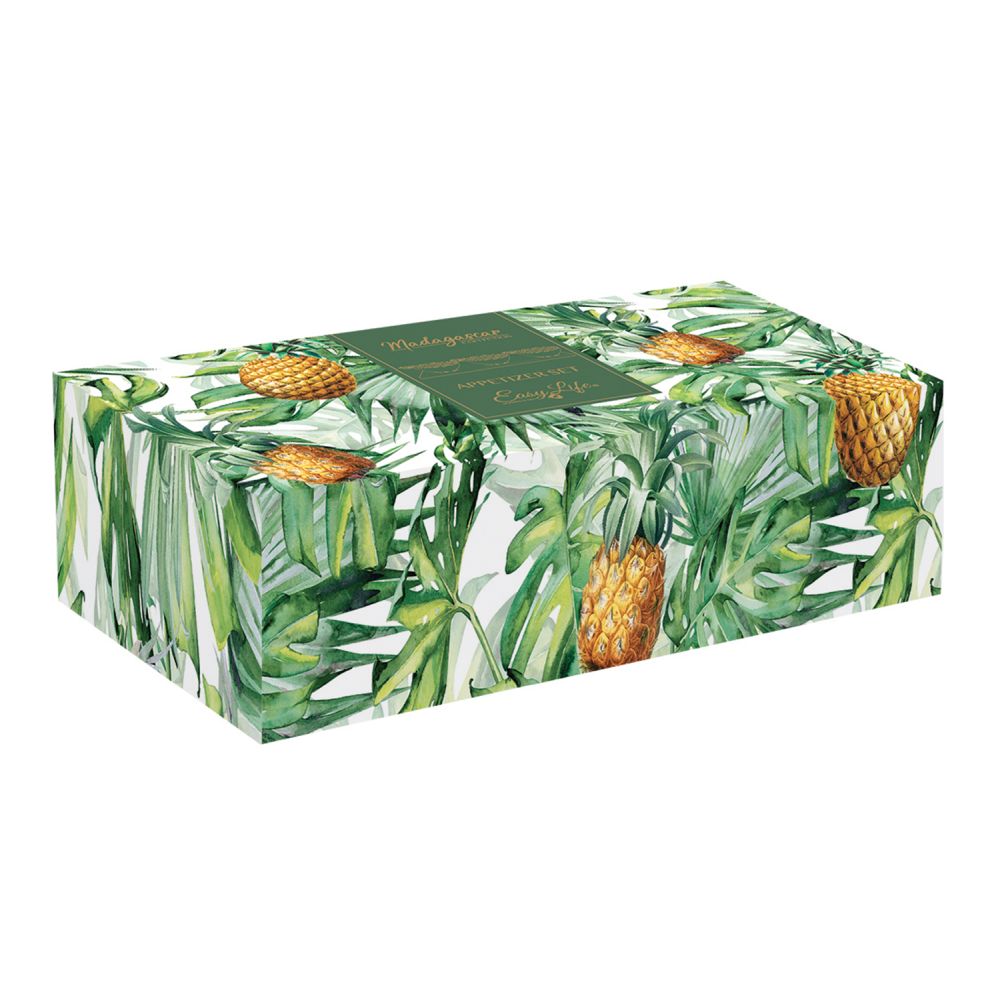 Aperitif Set With Bamboo Tray And 3 Pineapple-Shaped Porcelain Bowls In C.B. Yellow-Gr