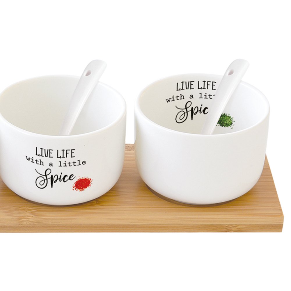 Bamboo Dipping Set 26x8 With 3 Porcelain Bowls & Spoons In Colour Box Kitchen Elements