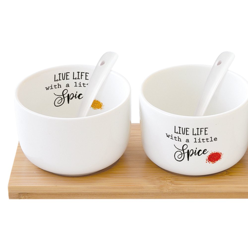 Bamboo Dipping Set 26x8 With 3 Porcelain Bowls & Spoons In Colour Box Kitchen Elements