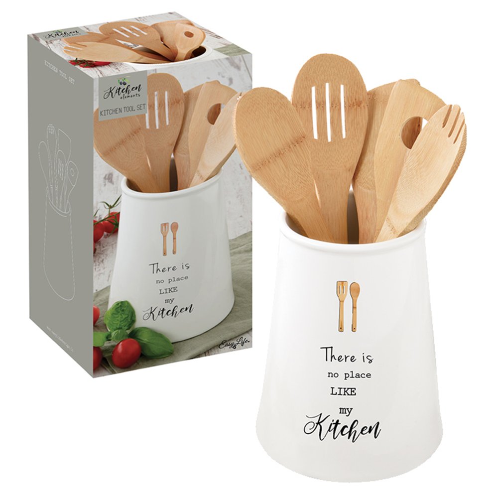 Porzellanhalter Mit 5 Küchenutensilien Aus Bambus In Farbiger Box Küchenelemente