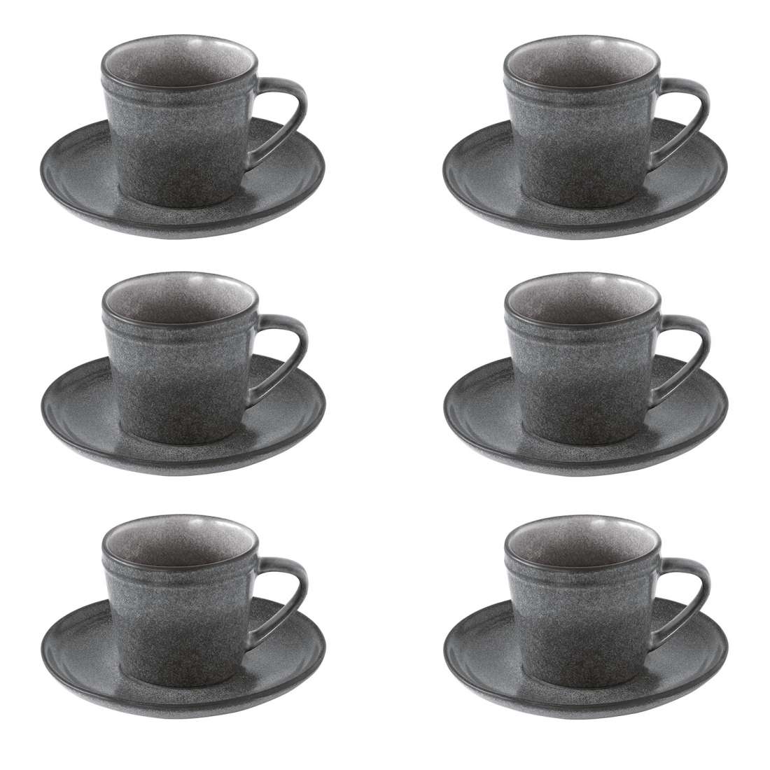 Set Of 6 Essential Dark Gray Stoneware Cup And Saucer 225 ml