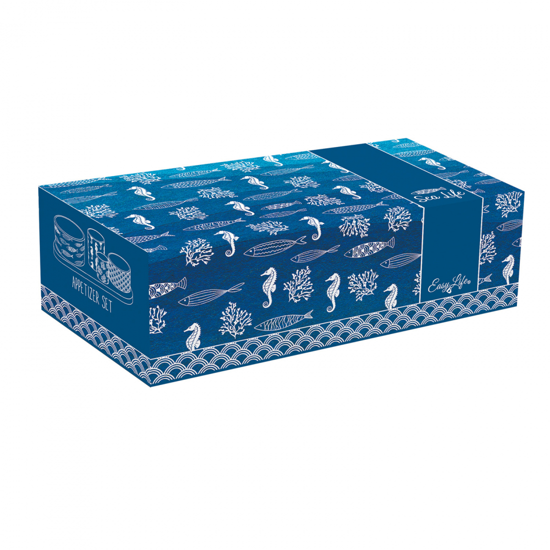 Vorspeisenset Mit 4 Runden Porzellanschalen Auf Akazienholztablett In Farbiger Box Sea Life