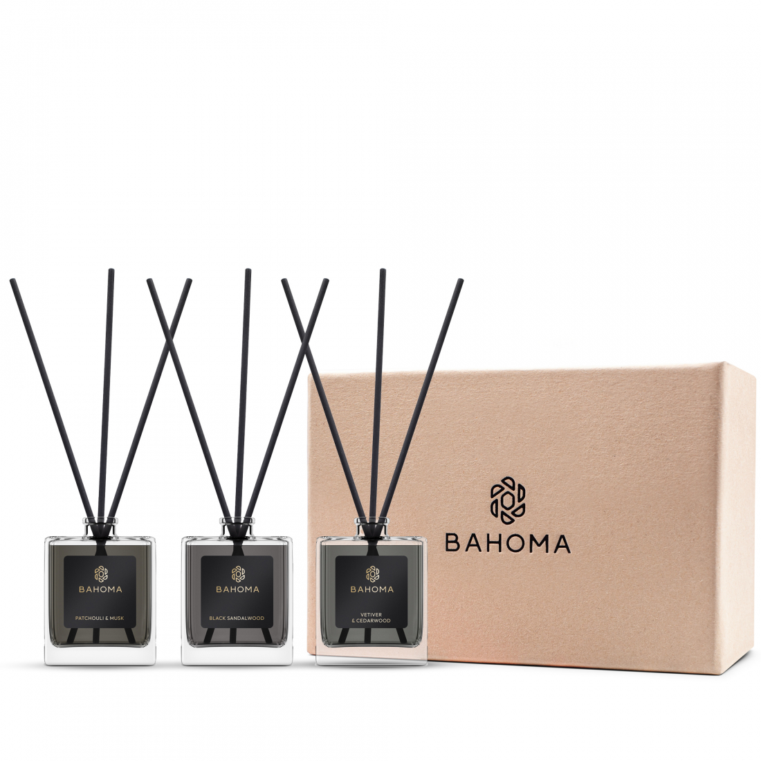 Ensemble de diffuseurs 'Obsidian' - Patchouli & Musk, Black Sandalwood,  Vetiver 50 ml, 3 Pièces