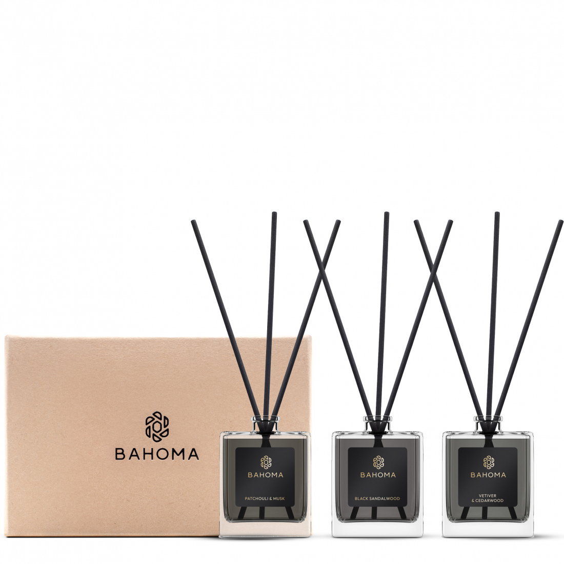 Ensemble de diffuseurs 'Obsidian' - Patchouli & Musk, Black Sandalwood,  Vetiver 50 ml, 3 Pièces