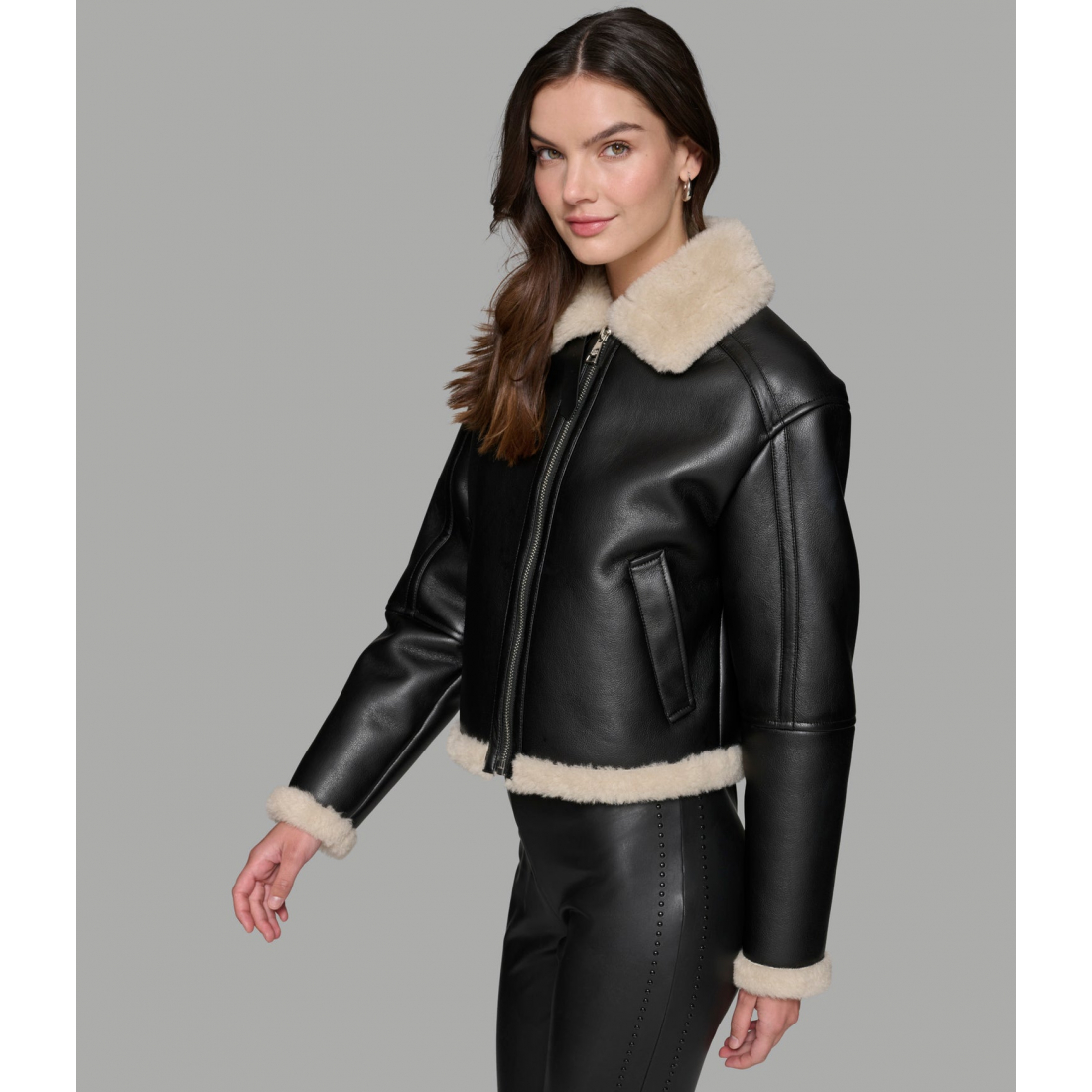 Women's 'Cropped Faux Leather Jacket With Faux Shearling'