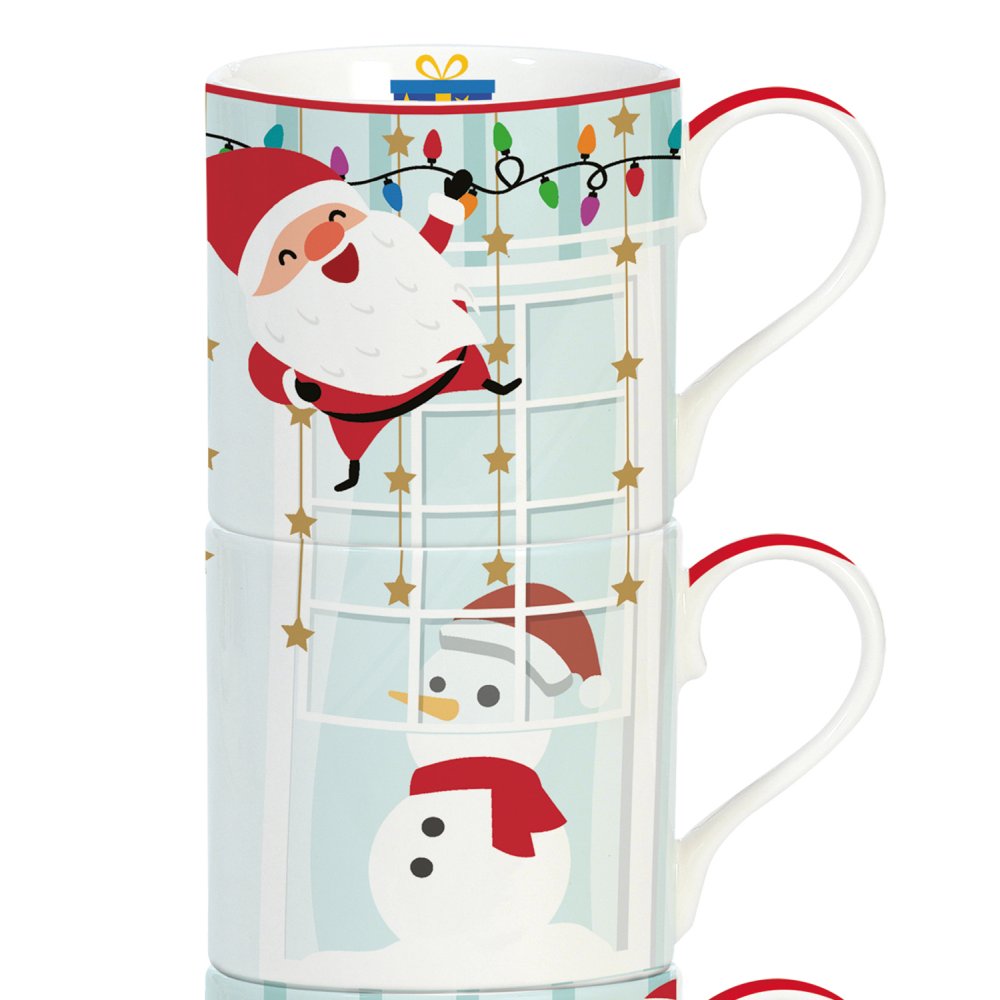4Er-Set Stapelbare Porzellanbecher À 275 ml In Farbbox „Weihnachtsmann Am Kamin“