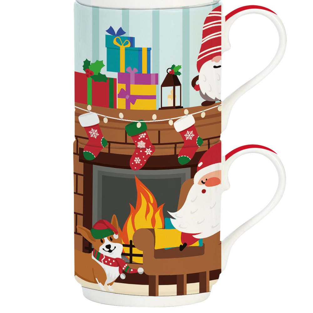 4Er-Set Stapelbare Porzellanbecher À 275 ml In Farbbox „Weihnachtsmann Am Kamin“