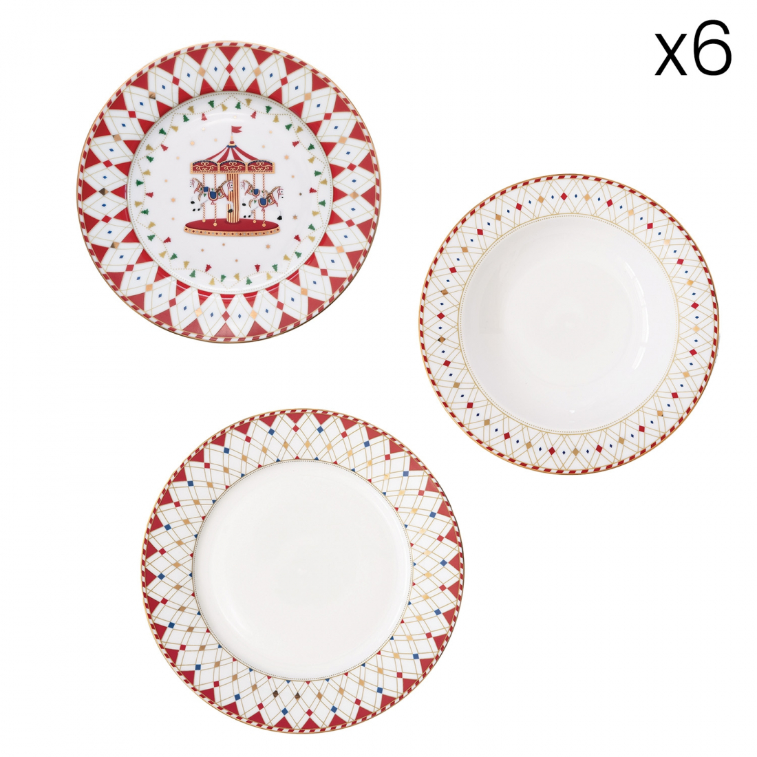 Set Aus 18 Porzellantellern (18 Teile: 6 Vorspeisenteller, 6 Speiseteller, 6 Suppenteller) Weihnachtswunderland