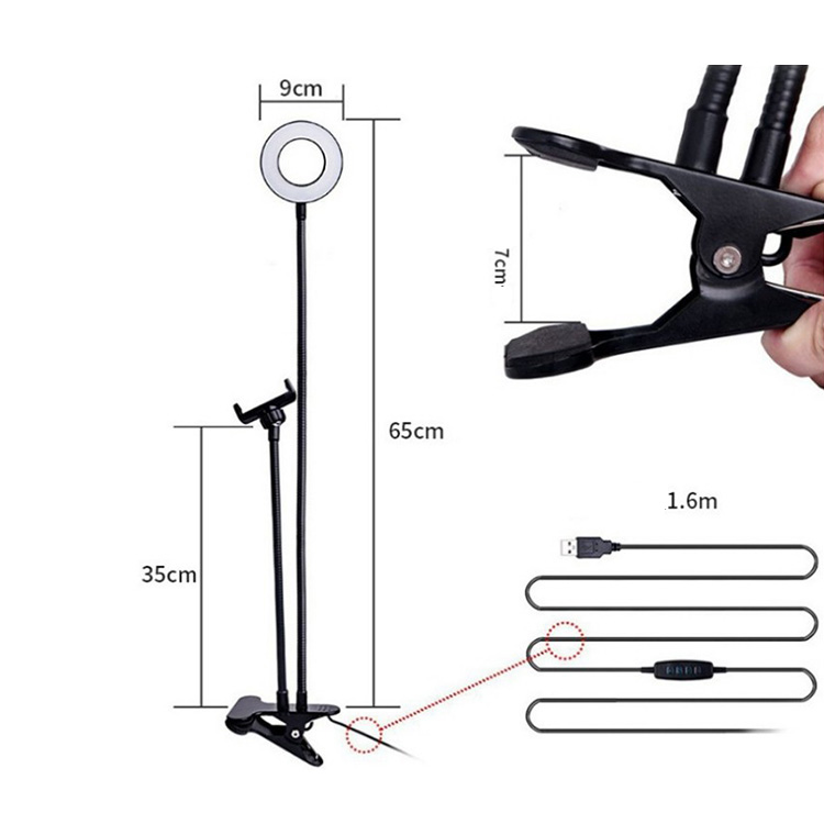Flexible clamp mobile stand with adjustable LED rings