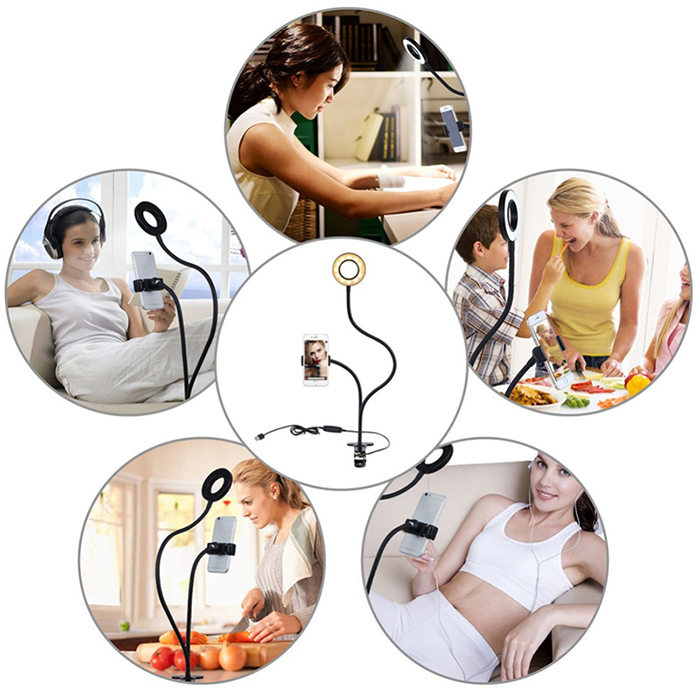 Flexible clamp mobile stand with adjustable LED rings