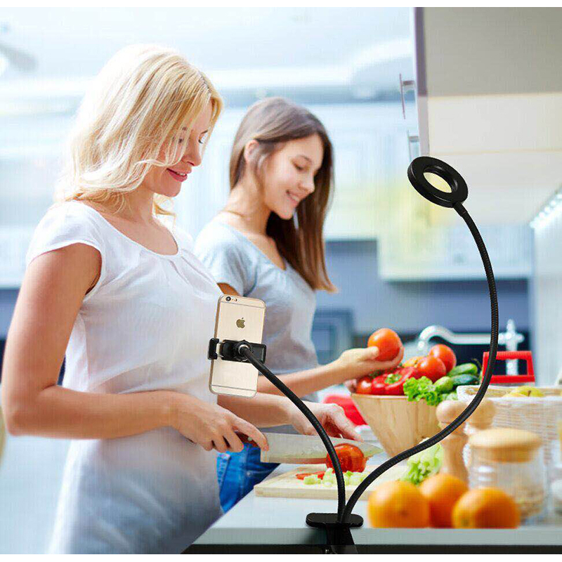 Flexible clamp mobile stand with adjustable LED rings