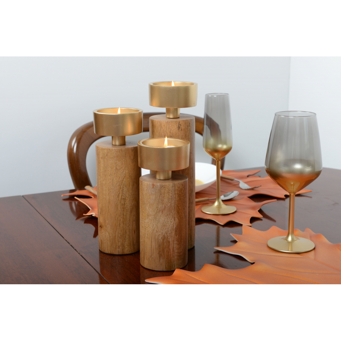 Wood And Gold Metal Candlestick 19cm