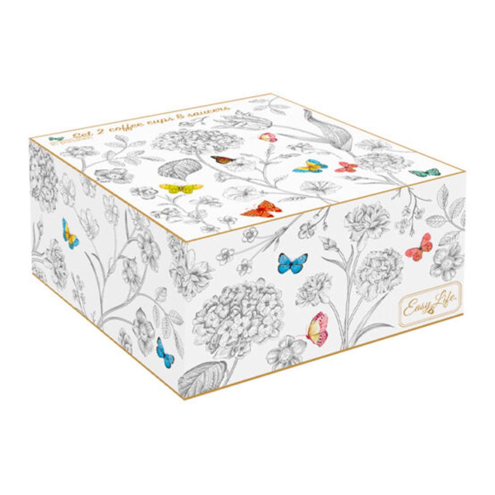 Set Aus 2 Porzellan-Kaffeetassen Und Untertassen, 100 ml, In Farbbox Fleurs Et Papillons