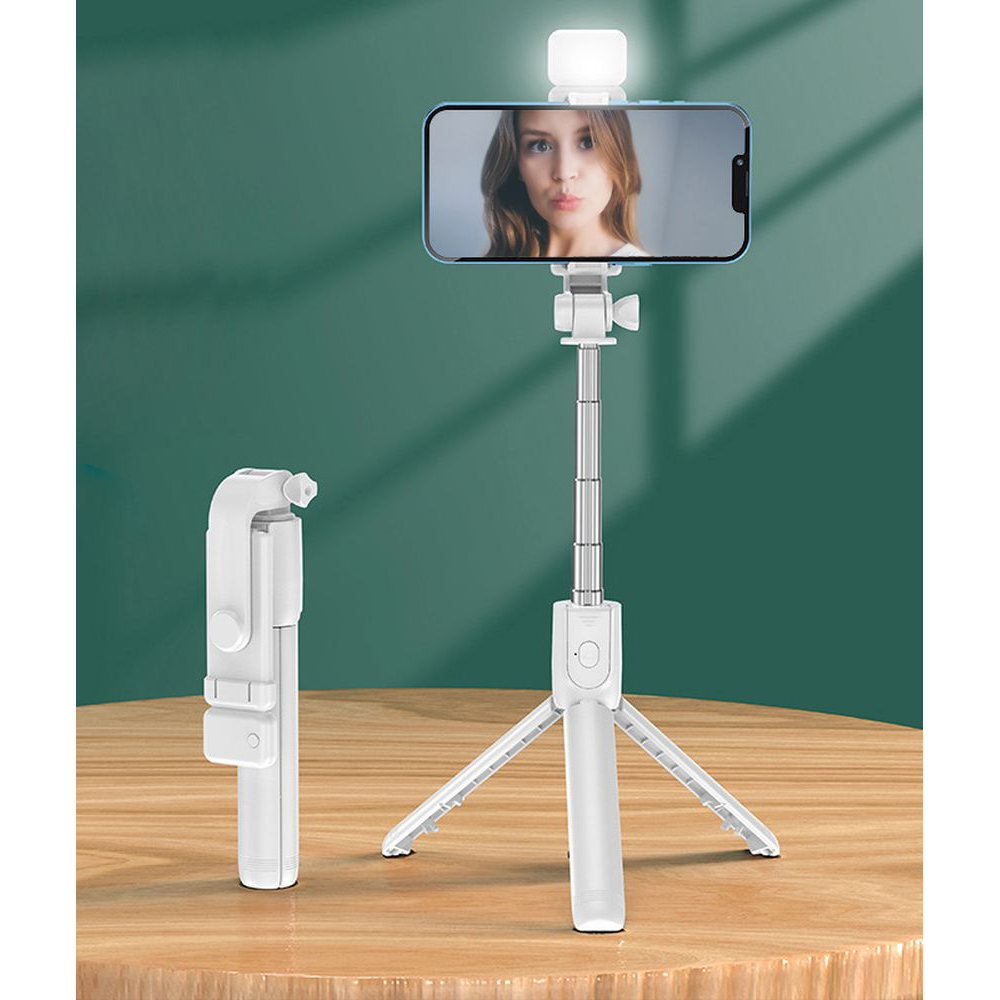 Bluetooth selfie stick with built-in flash - White