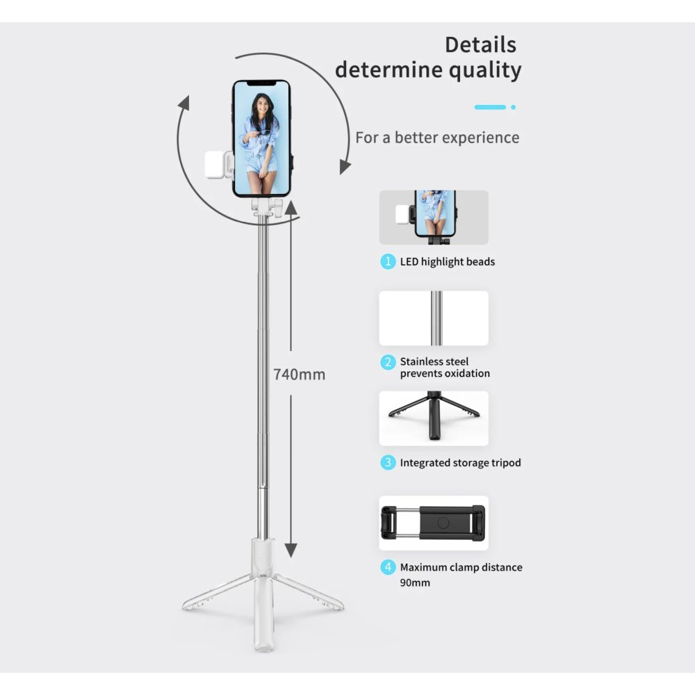 Bluetooth selfie stick with built-in flash - White