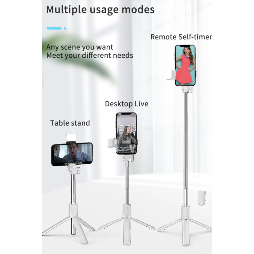 Bluetooth selfie stick with built-in flash - White