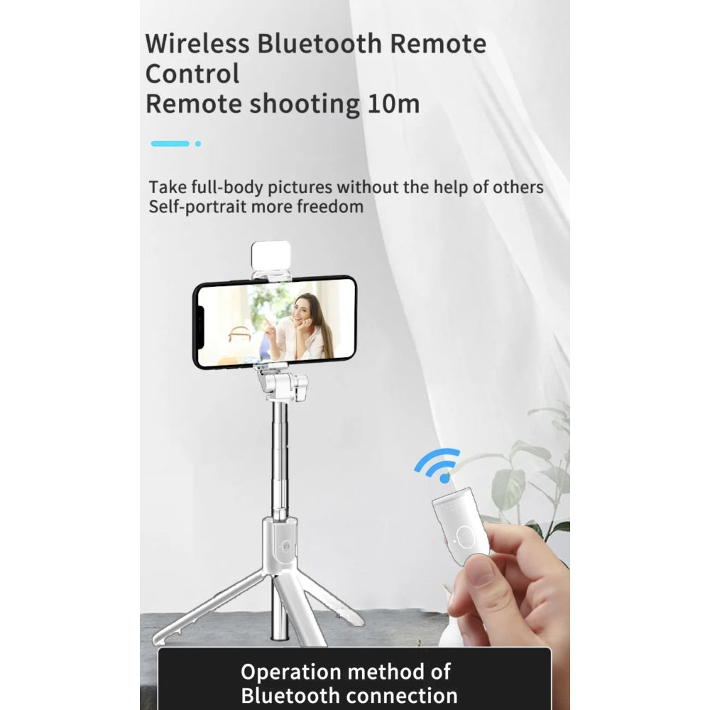 Bluetooth selfie stick with built-in flash - White